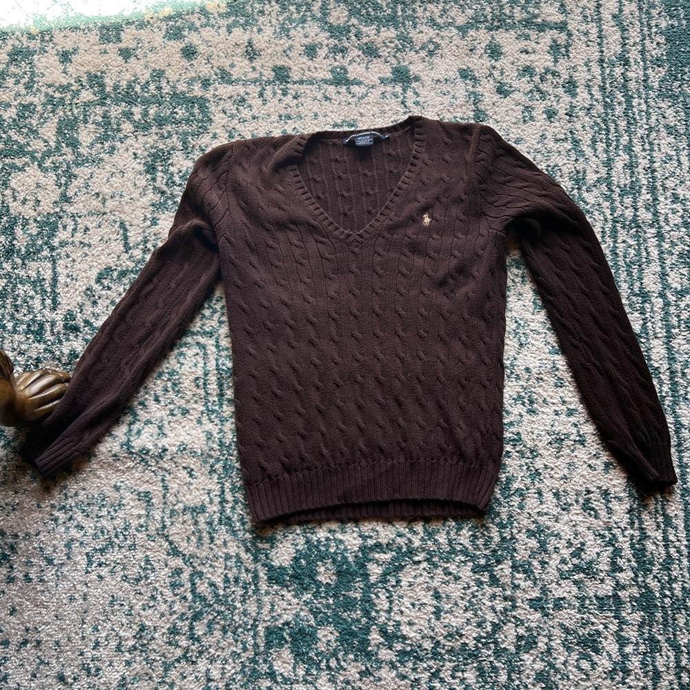 Ralph Lauren Sport Brown Cable-Knit V-Neck Sweater